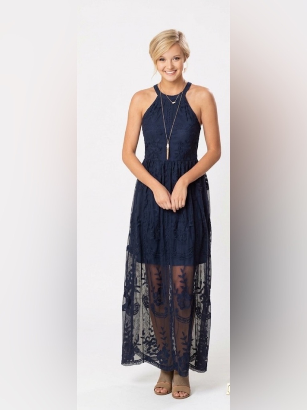 Altar'd State Navy Lace High Neck Halter Maxi Dress